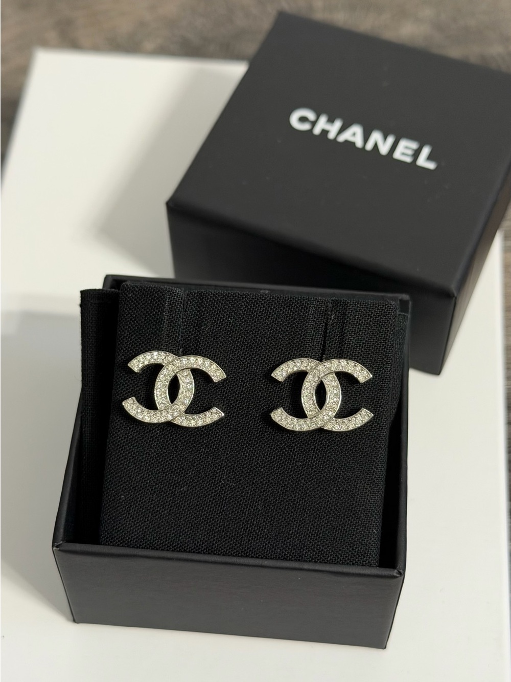 Chanel‎ CC Classic Silver Crystal Stud Earrings